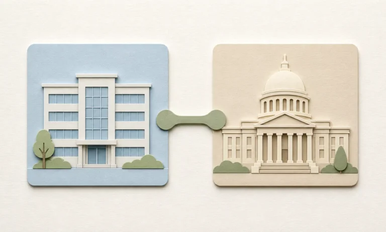 Two connected public-service buildings in a layered-paper illustration of collaboration.