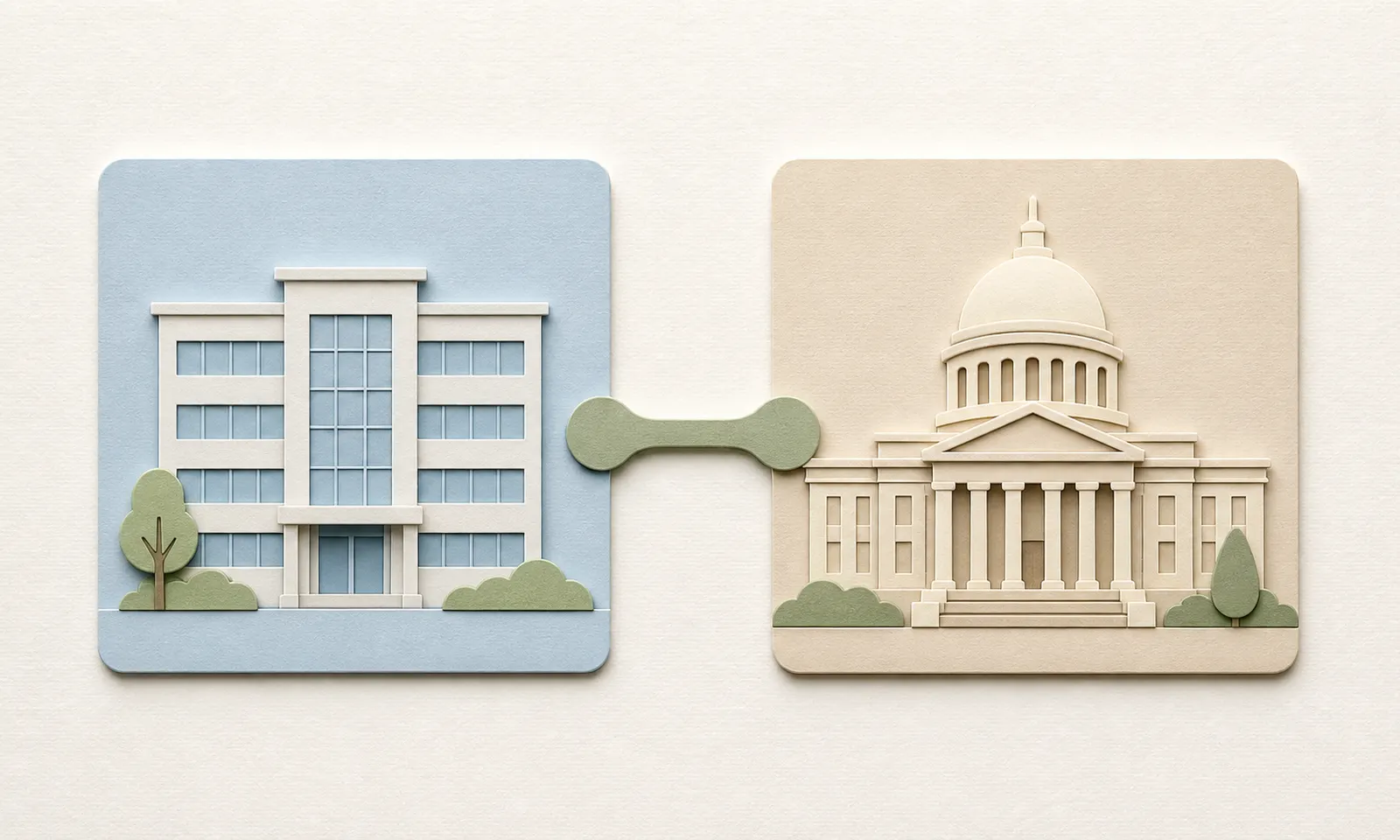 Two connected public-service buildings in a layered-paper illustration of collaboration.
