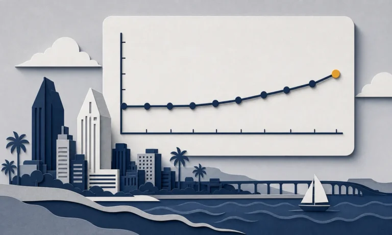 Layered-paper San Diego skyline beside a steady employment trend chart.