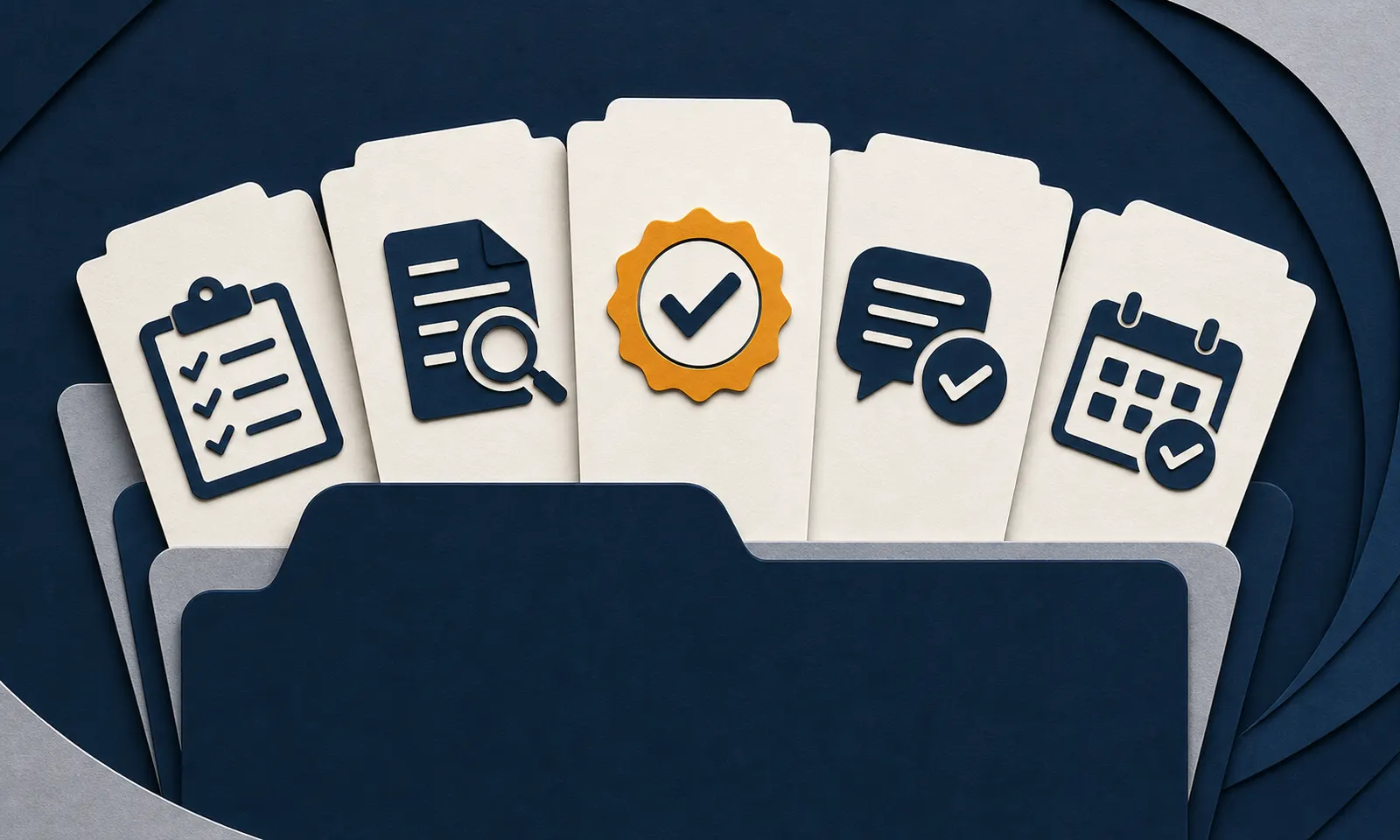 Five equal claim-tip cards arranged above an organized disability claim folder.