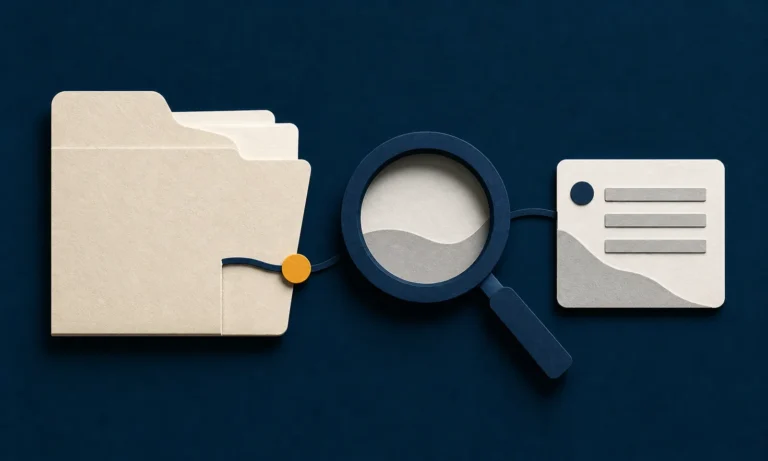 A disability claim folder under a navy review lens beside a supporting-record card.