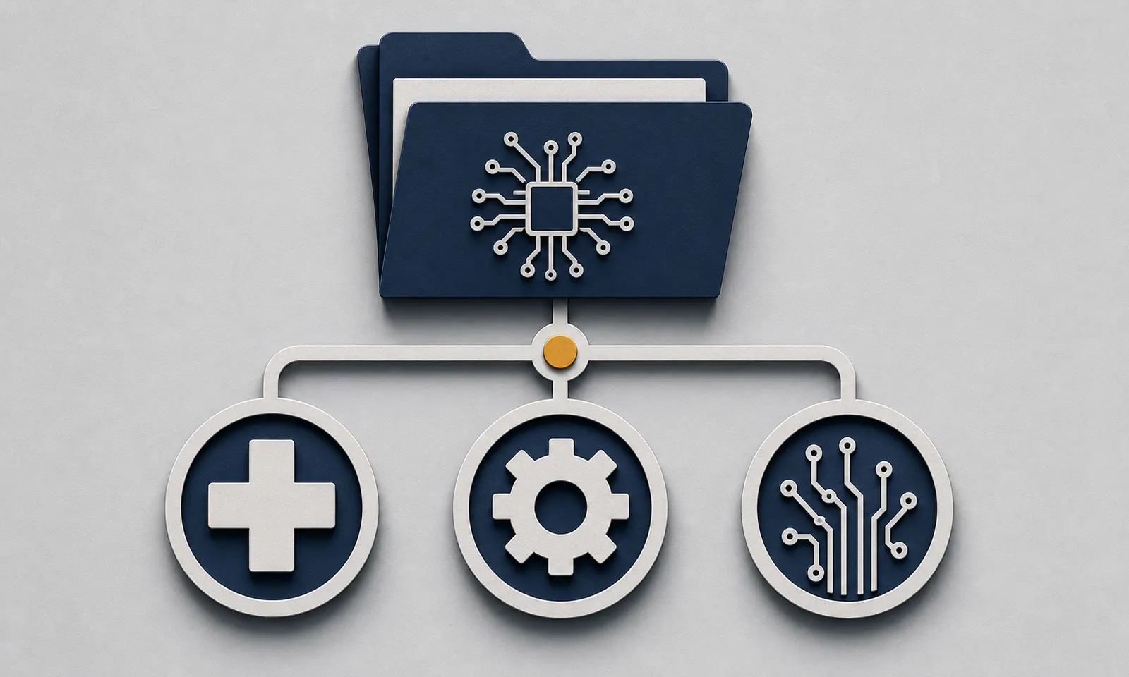 Layered-paper technology folder connected to healthcare, manufacturing, and computer sectors.
