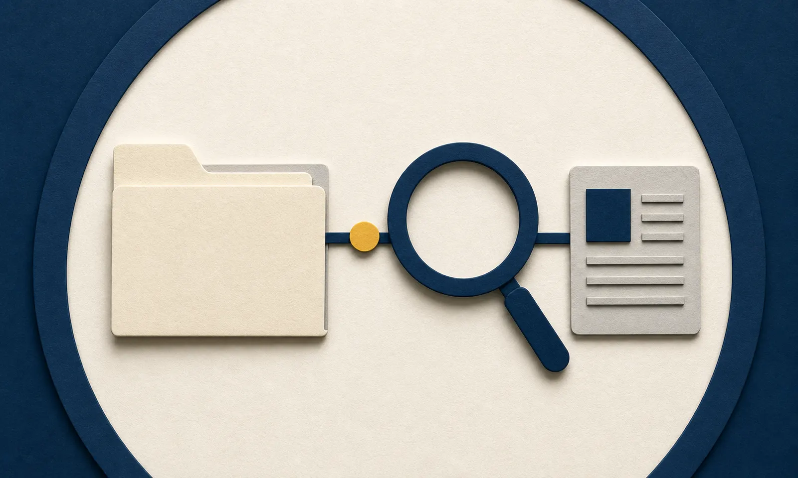 An unemployment claim folder under a navy review lens beside an organized evidence card.