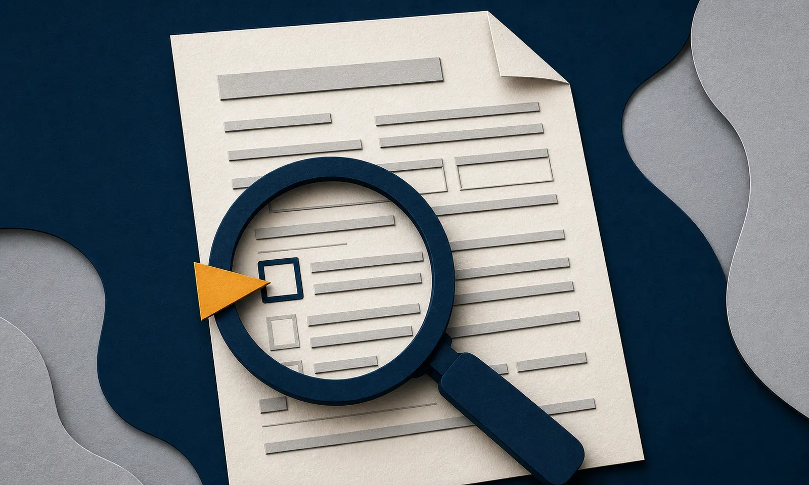 A navy magnifying glass reviewing a filing form with an amber attention marker.
