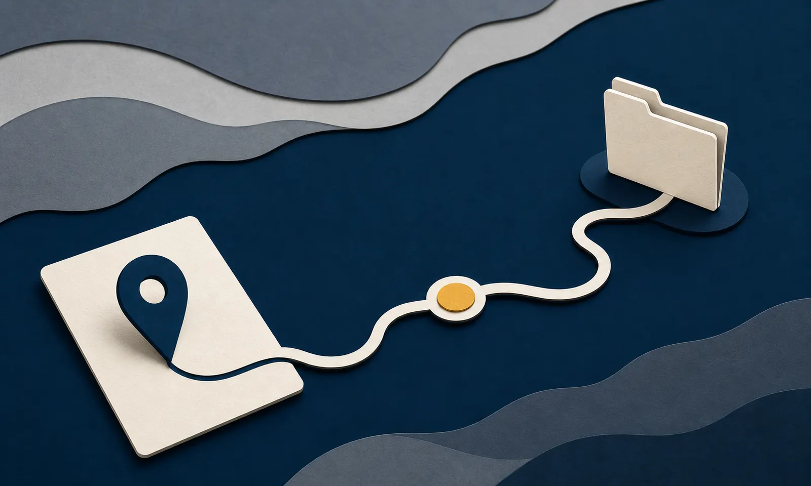 A claim map card with a navy location pin following a route to a resources folder.
