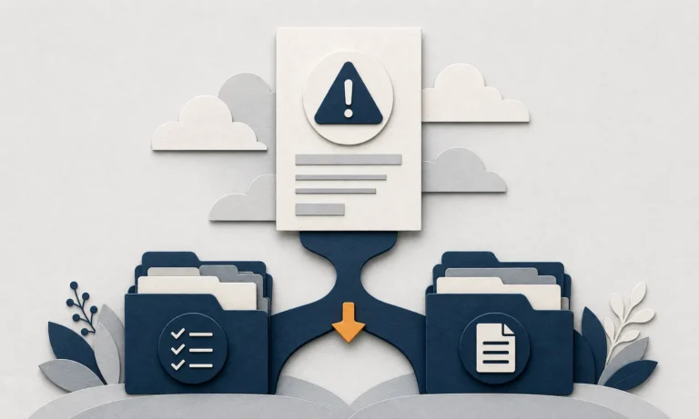 A navy alert symbol on a paper notice above organized response folders and an amber arrow.